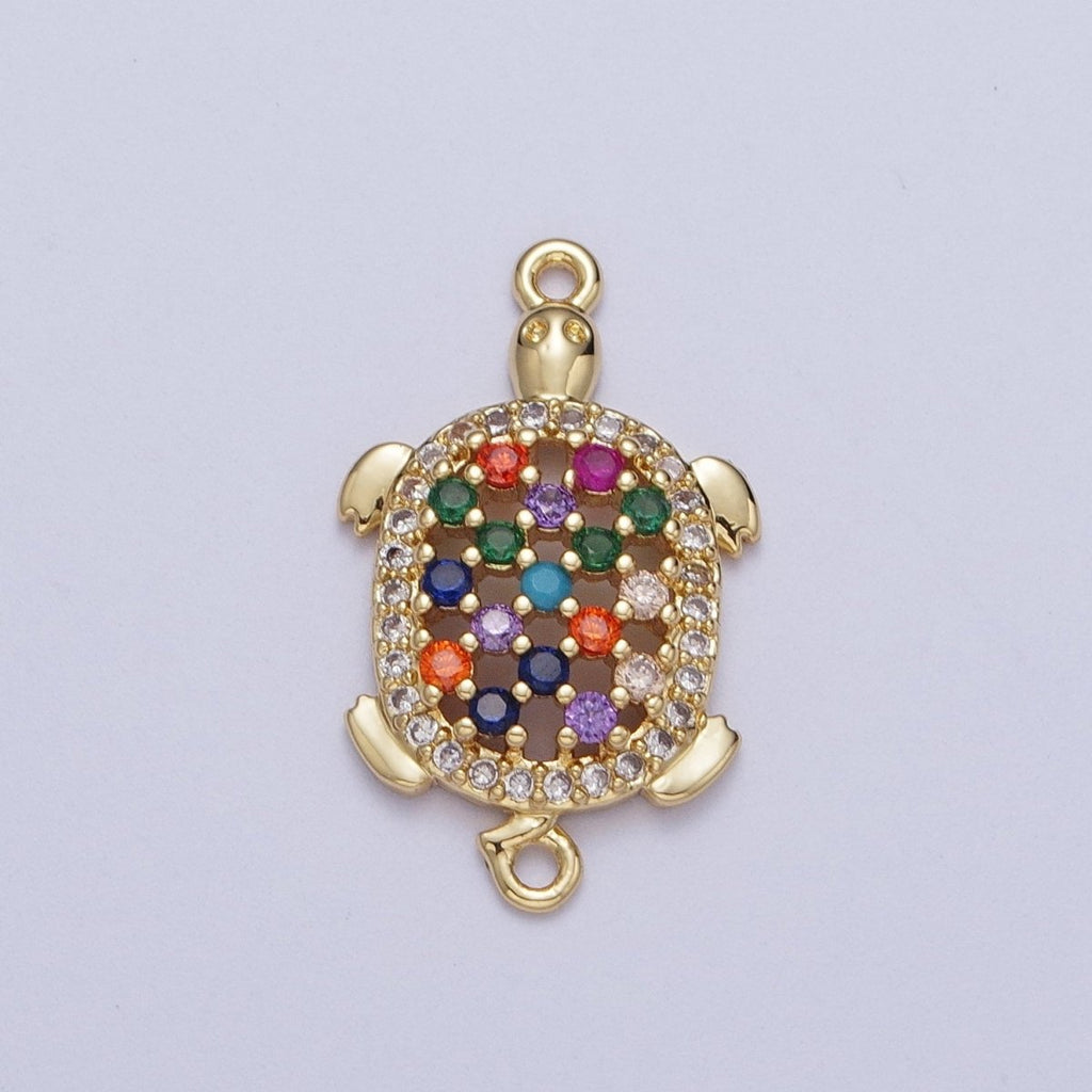 Gold plated Multicolor Turtle Shell Tortoise Micro Paved Cubic Zirconia CZ Sea Life Link Connector G-566 - DLUXCA