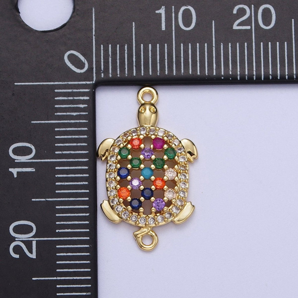 Gold plated Multicolor Turtle Shell Tortoise Micro Paved Cubic Zirconia CZ Sea Life Link Connector G-566 - DLUXCA