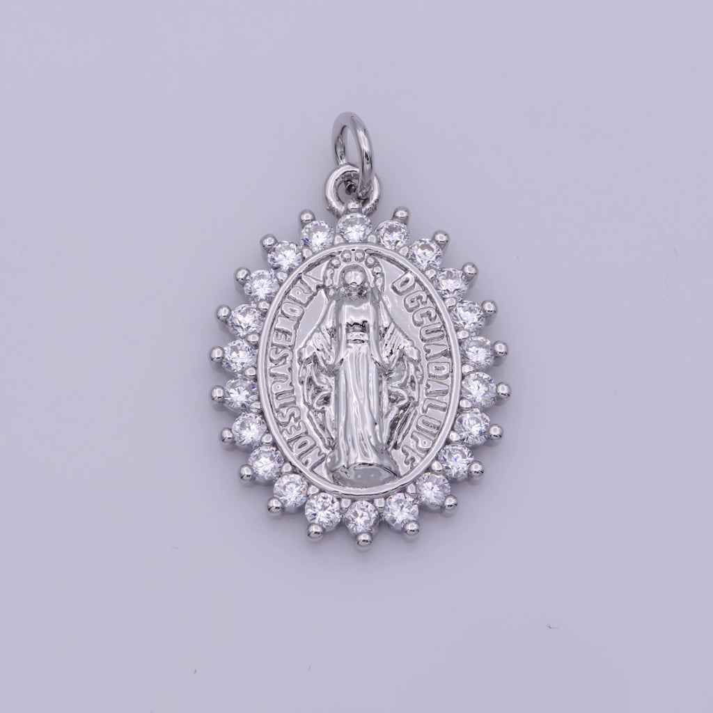 Gold plated "Nuestra Senora Guadalupe" Miraculous Lady Oval CZ Charm in Gold & Silver | M-486 N-188 - DLUXCA