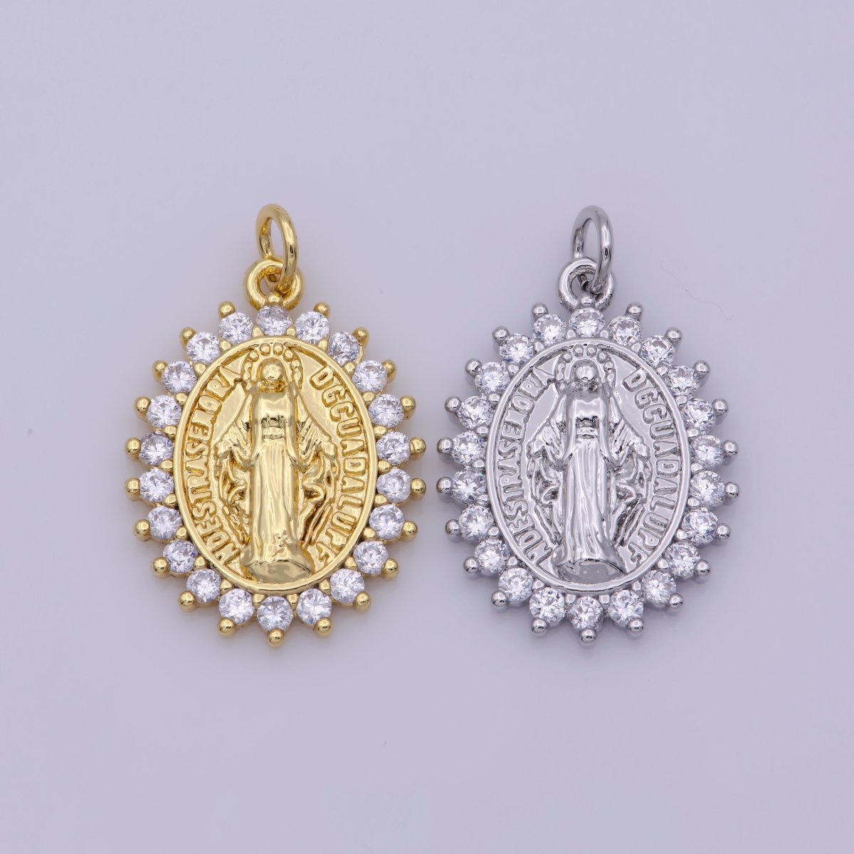 Gold plated "Nuestra Senora Guadalupe" Miraculous Lady Oval CZ Charm in Gold & Silver | M-486 N-188 - DLUXCA
