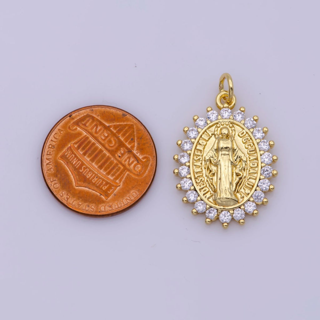 Gold plated "Nuestra Senora Guadalupe" Miraculous Lady Oval CZ Charm in Gold & Silver | M-486 N-188 - DLUXCA