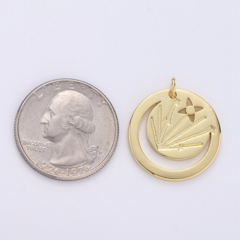 Gold plated Open Crescent Moon Charm- Gold Moon Charm, Gold Half Moon Charm, Round Disc Gold Moon Pendant for Necklace Bracelet Earring D-546 - DLUXCA
