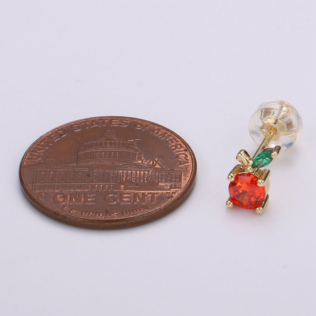 Gold plated Orange Stud Earrings, Colored CZ Crystal Mini Fruity Natural Golden Formal/Casual Daily Wear Earring Jewelry P-013 - DLUXCA
