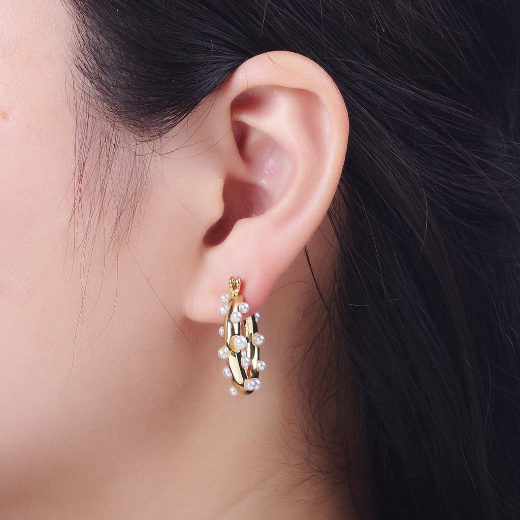 Gold plated Pearl Dotted 25mm Hoop Latch Earrings In Gold & Silver | AB190 AB191
