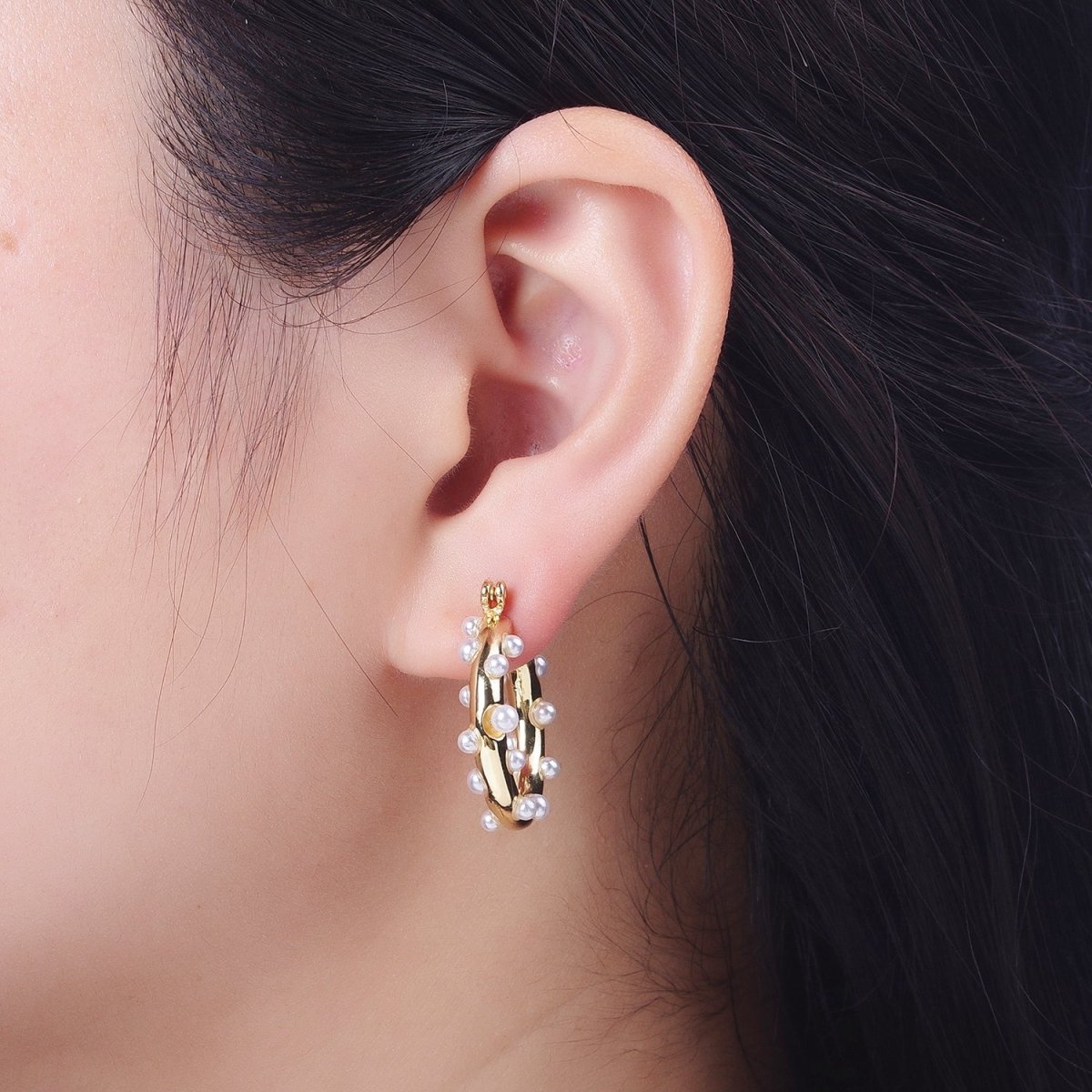 Gold plated Pearl Dotted 25mm Hoop Latch Earrings In Gold & Silver | AB190 AB191
