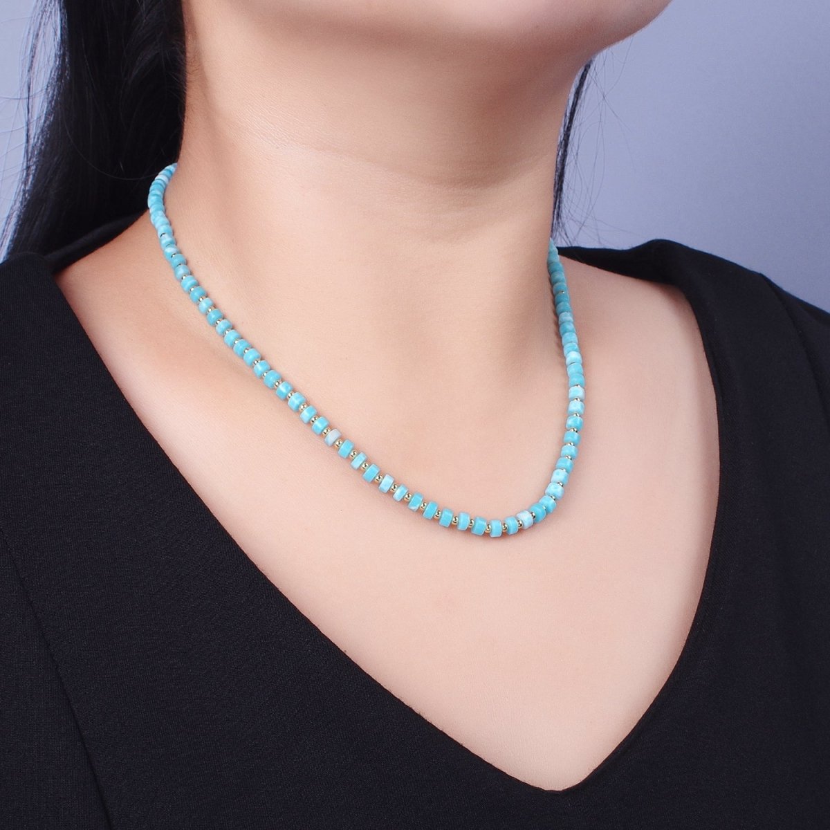 Gold plated Peruvian Blue Opal Rondelle Heishi Gemstone Gold Spacer Beads 15.5 Inch Choker Necklace | WA-1428 Clearance Pricing - DLUXCA
