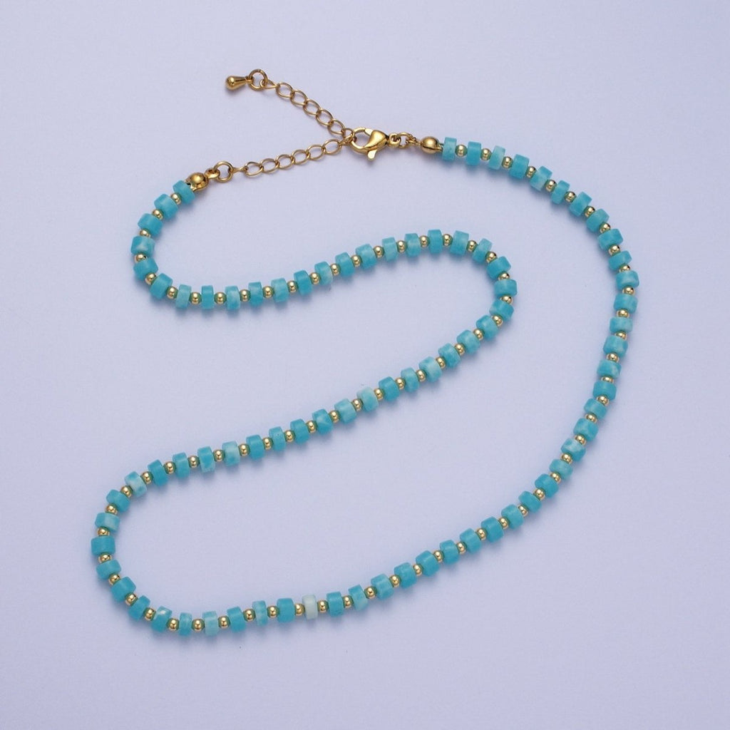 Gold plated Peruvian Blue Opal Rondelle Heishi Gemstone Gold Spacer Beads 15.5 Inch Choker Necklace | WA-1428 Clearance Pricing - DLUXCA