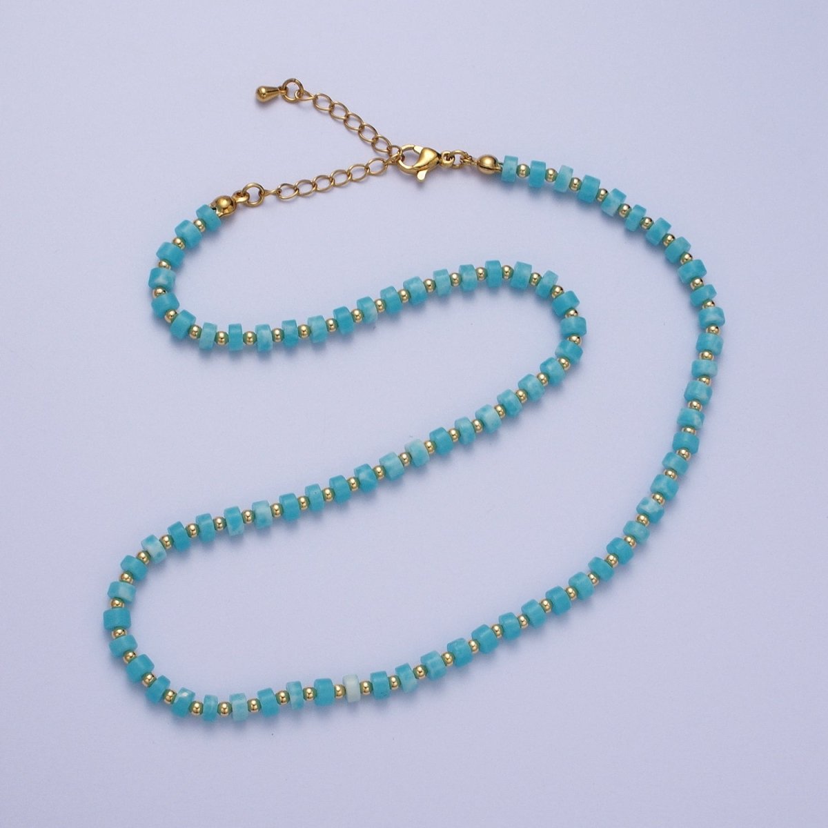 Gold plated Peruvian Blue Opal Rondelle Heishi Gemstone Gold Spacer Beads 15.5 Inch Choker Necklace | WA-1428 Clearance Pricing - DLUXCA