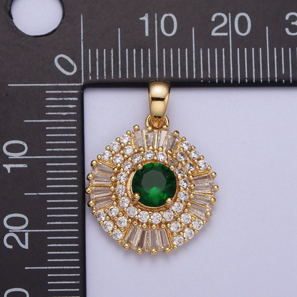 Gold plated Pink Clear Green Cubic Zirconia Micro Paved Baguette Round Medallion Pendant For Jewelry Making | X-693 X-694 X-695