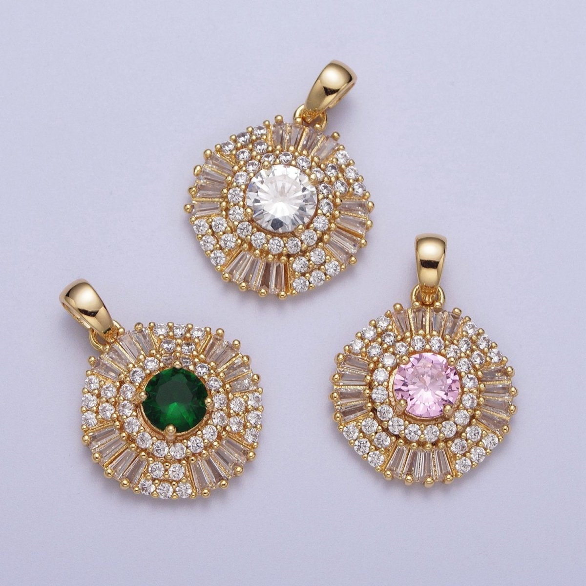 Gold plated Pink Clear Green Cubic Zirconia Micro Paved Baguette Round Medallion Pendant For Jewelry Making | X-693 X-694 X-695
