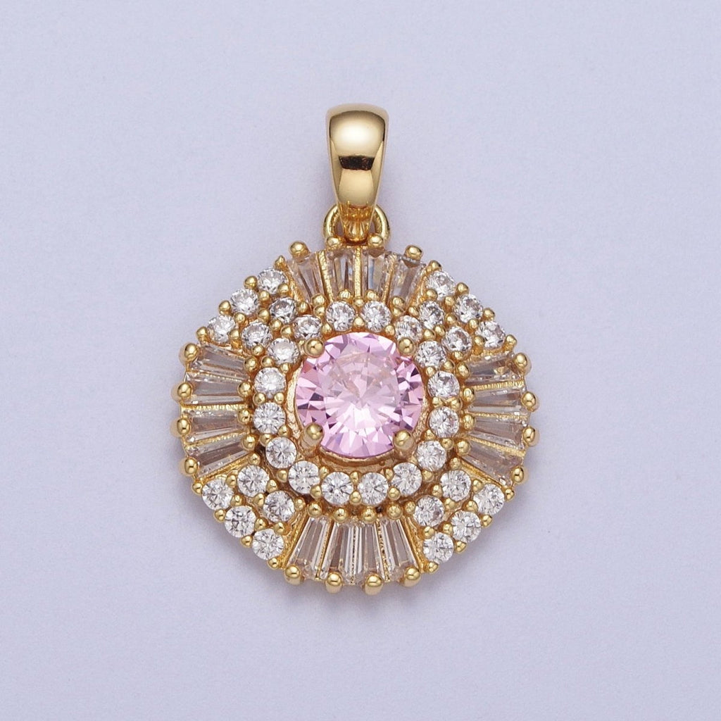 Gold plated Pink Clear Green Cubic Zirconia Micro Paved Baguette Round Medallion Pendant For Jewelry Making | X-693 X-694 X-695