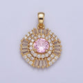 Gold plated Pink Clear Green Cubic Zirconia Micro Paved Baguette Round Medallion Pendant For Jewelry Making | X-693 X-694 X-695