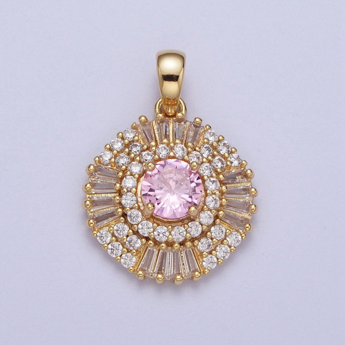 Gold plated Pink Clear Green Cubic Zirconia Micro Paved Baguette Round Medallion Pendant For Jewelry Making | X-693 X-694 X-695