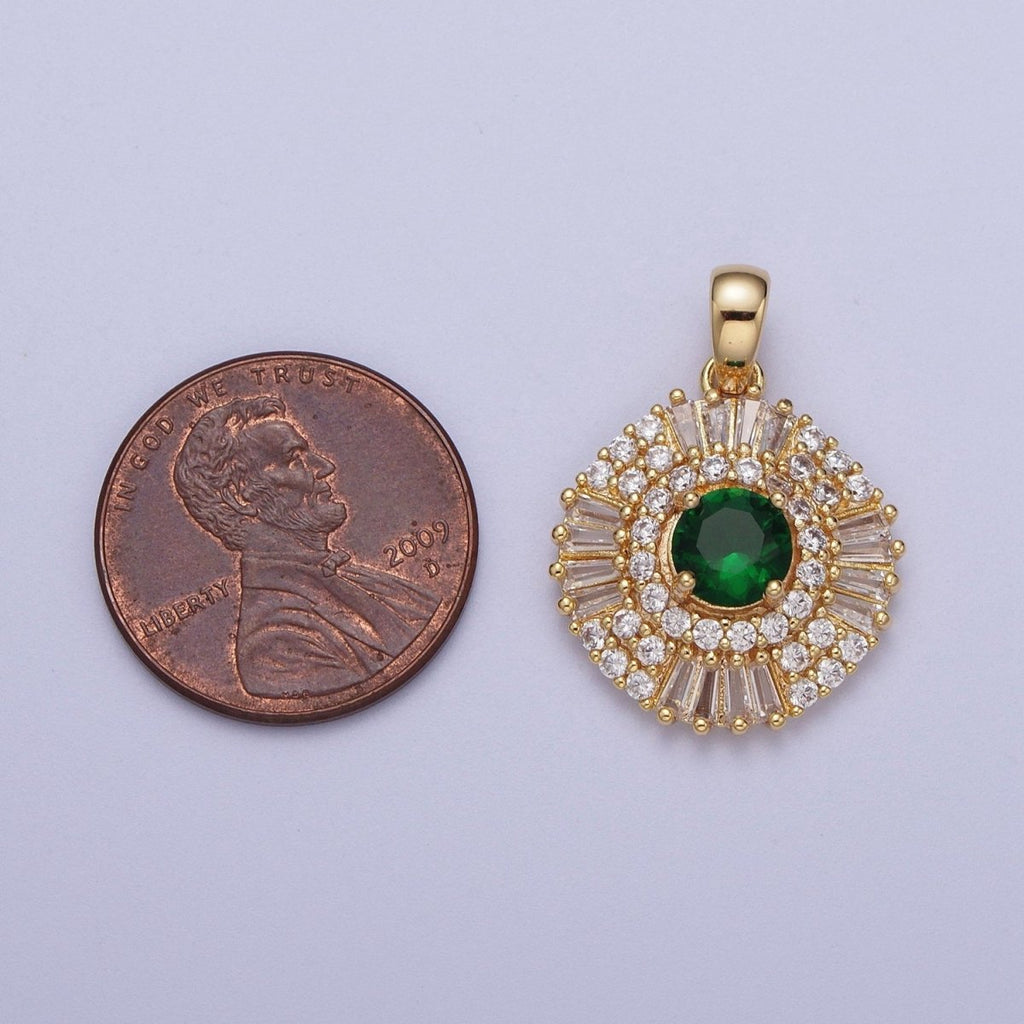 Gold plated Pink Clear Green Cubic Zirconia Micro Paved Baguette Round Medallion Pendant For Jewelry Making | X-693 X-694 X-695