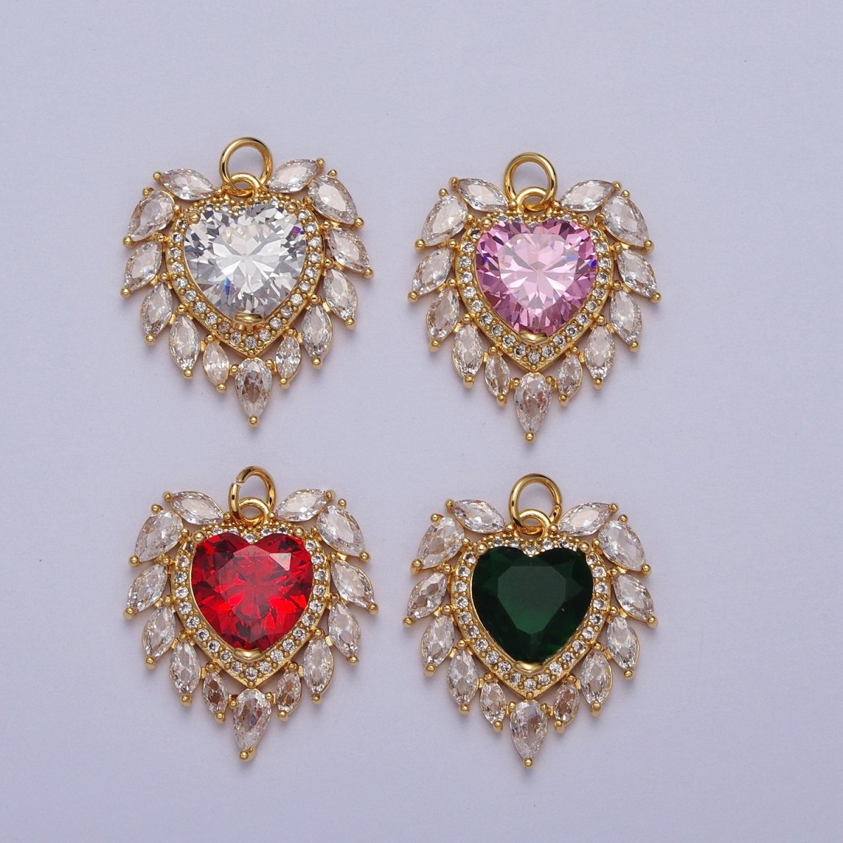 Gold plated Pink, Clear, Green, Red Heart Marquise Teardrop CZ Charm | AC005 - AC008