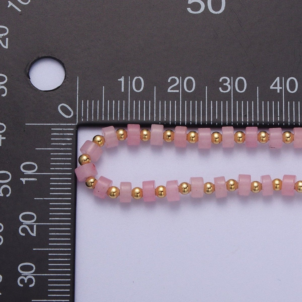 Gold plated Pink Rose Quartz Rondelle Heishi Gemstone Gold Spacer Beads 15.5 Inch Choker Necklace | WA-1430 Clearance Pricing - DLUXCA