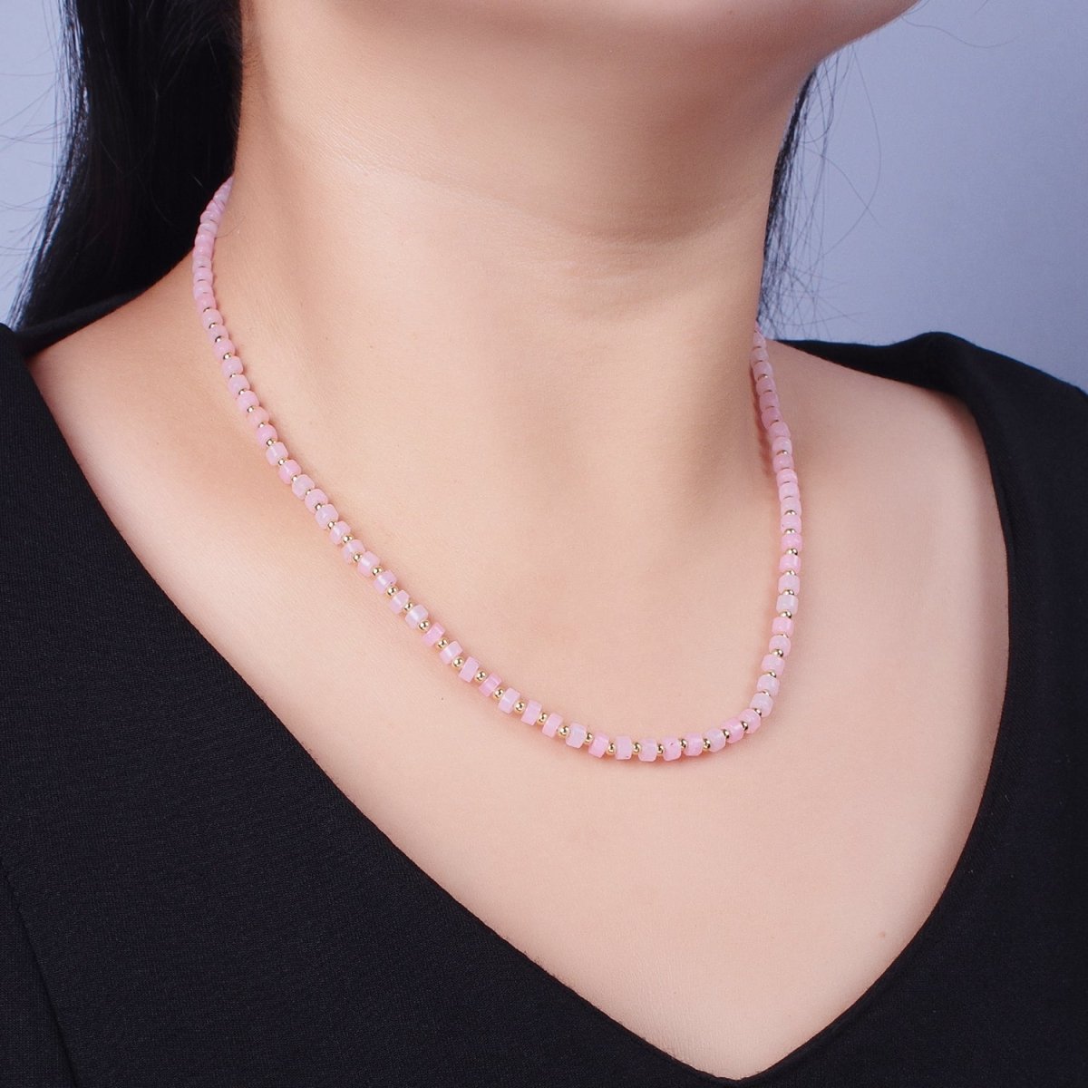 Gold plated Pink Rose Quartz Rondelle Heishi Gemstone Gold Spacer Beads 15.5 Inch Choker Necklace | WA-1430 Clearance Pricing - DLUXCA