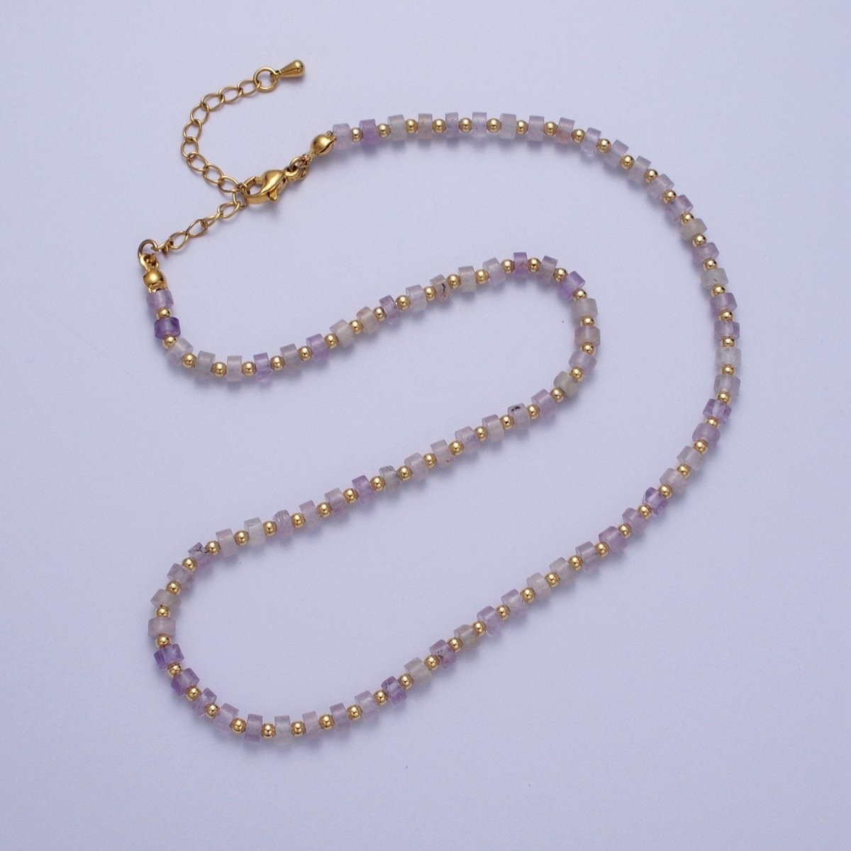Gold plated Purple Amethyst Rondelle Heishi Gemstone Gold Spacer Beads 15.5 Inch Choker Necklace | WA-1429 Clearance Pricing - DLUXCA