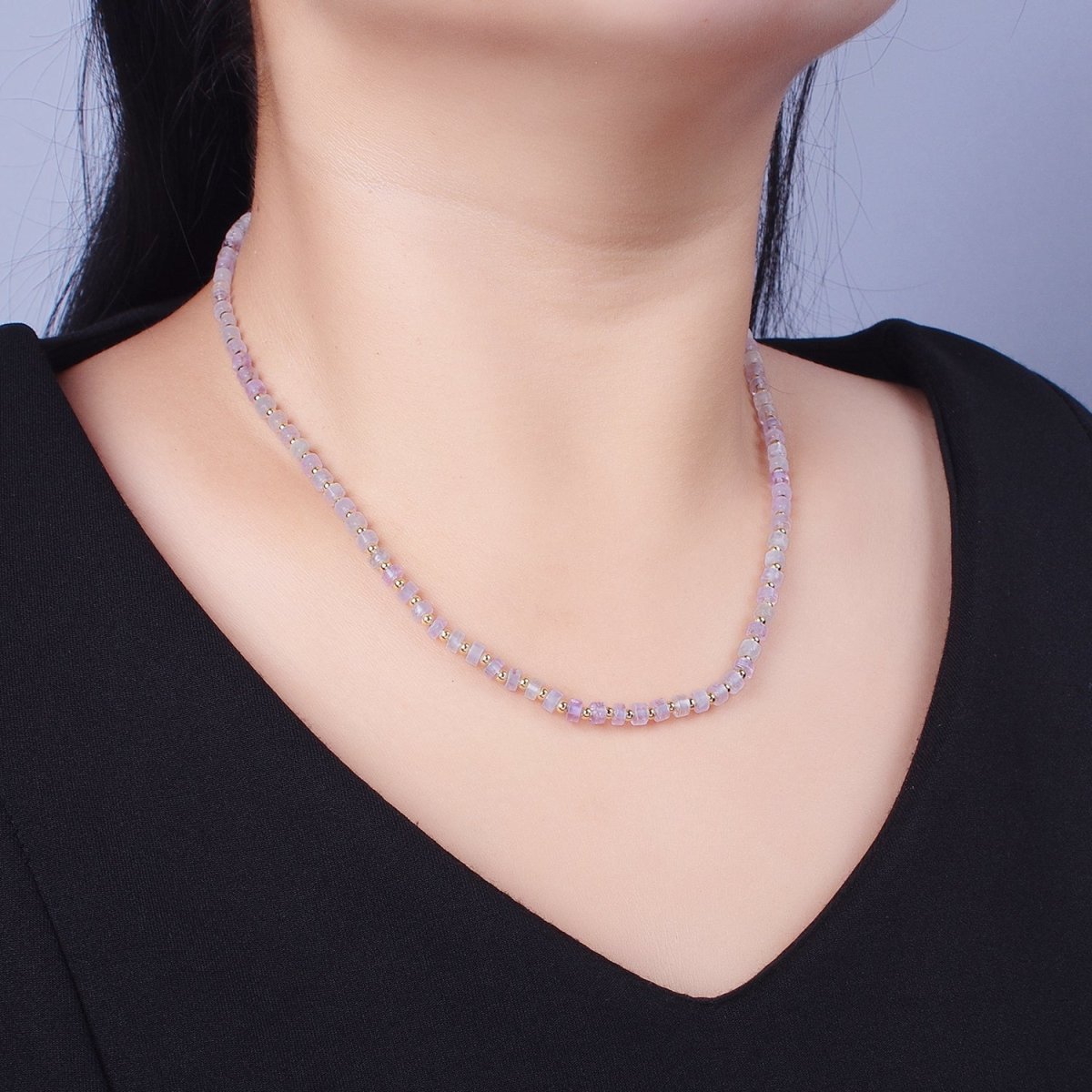 Gold plated Purple Amethyst Rondelle Heishi Gemstone Gold Spacer Beads 15.5 Inch Choker Necklace | WA-1429 Clearance Pricing - DLUXCA