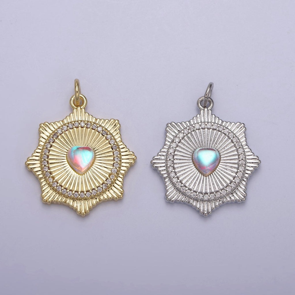Gold plated Radial Sun Burst Charm Necklace, Rainbow Moonstone Sunburst Gold Pendant, Dainty Celestial Jewelry Gift Necklace Supply N-693 N-694 - DLUXCA