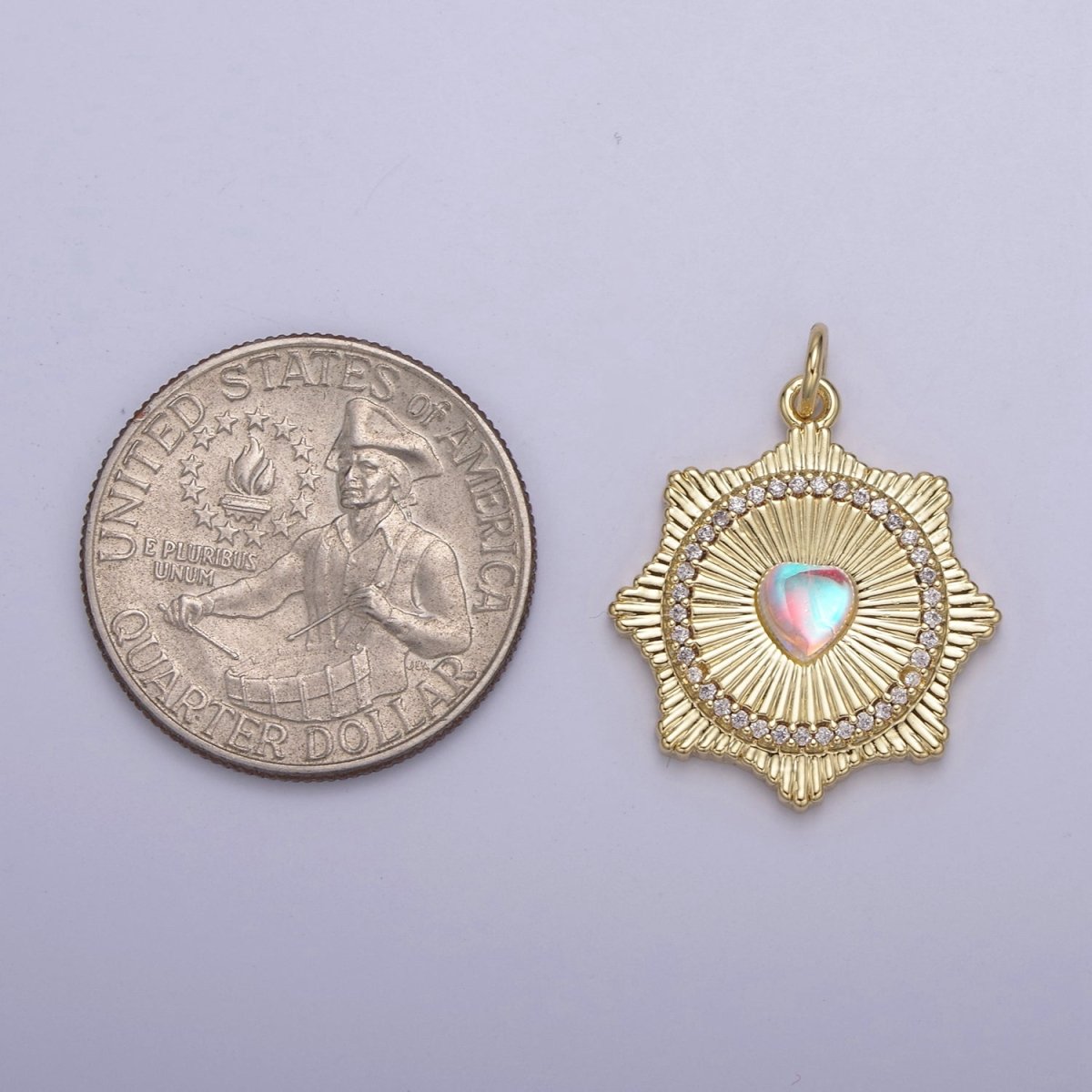 Gold plated Radial Sun Burst Charm Necklace, Rainbow Moonstone Sunburst Gold Pendant, Dainty Celestial Jewelry Gift Necklace Supply N-693 N-694 - DLUXCA