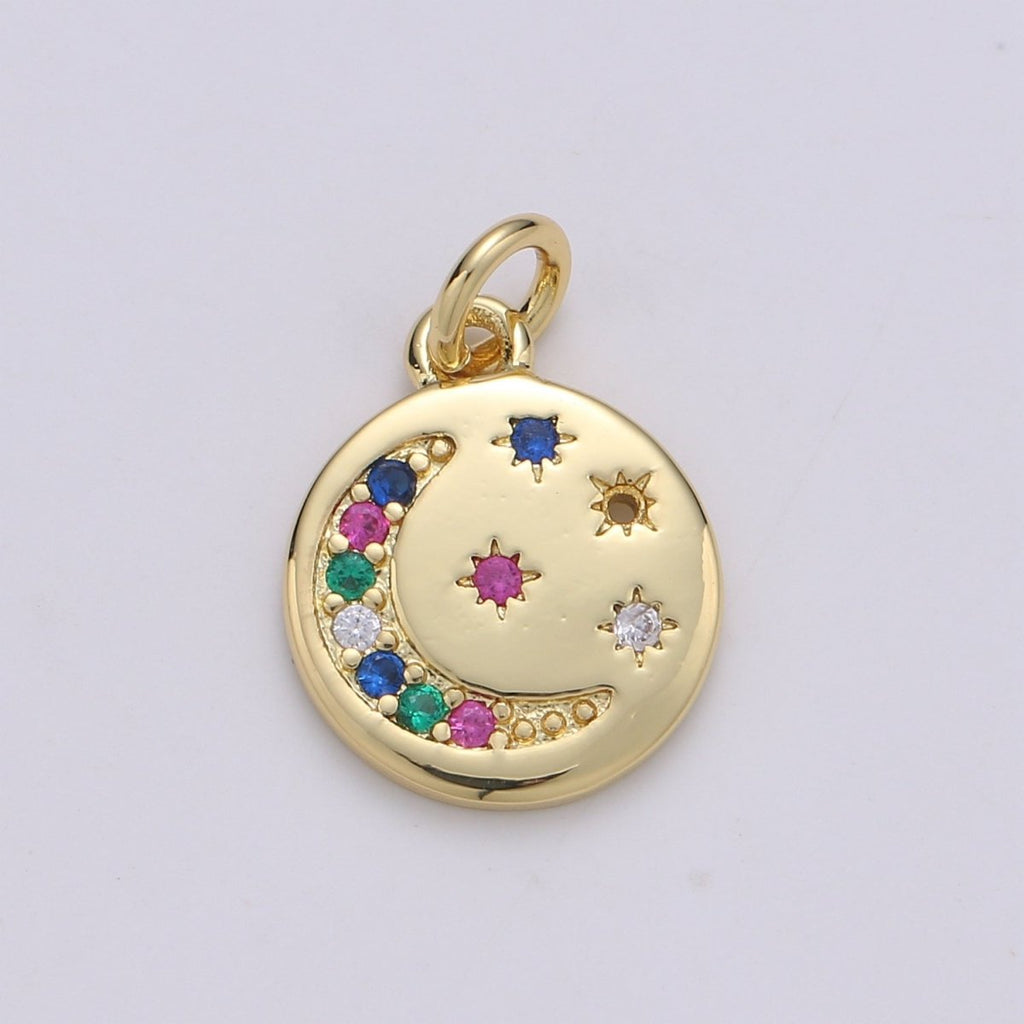 Gold plated Rainbow Crescent Moon Star Coin Charm - D-869 - DLUXCA