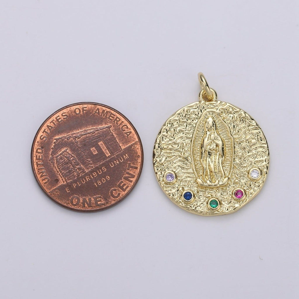 Gold plated Rainbow Crystal Holy Mary Coin Charm D-872 - DLUXCA