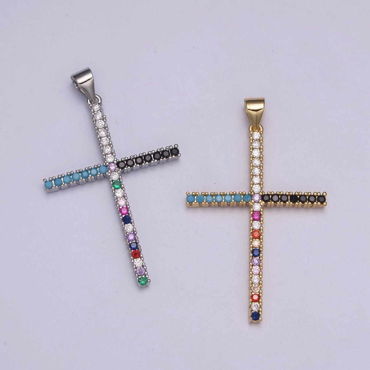 Gold-plated Religious Cross Turquoise Multicolor CZ Micro Paved Pendant in Gold & Silver  N-515 N-516