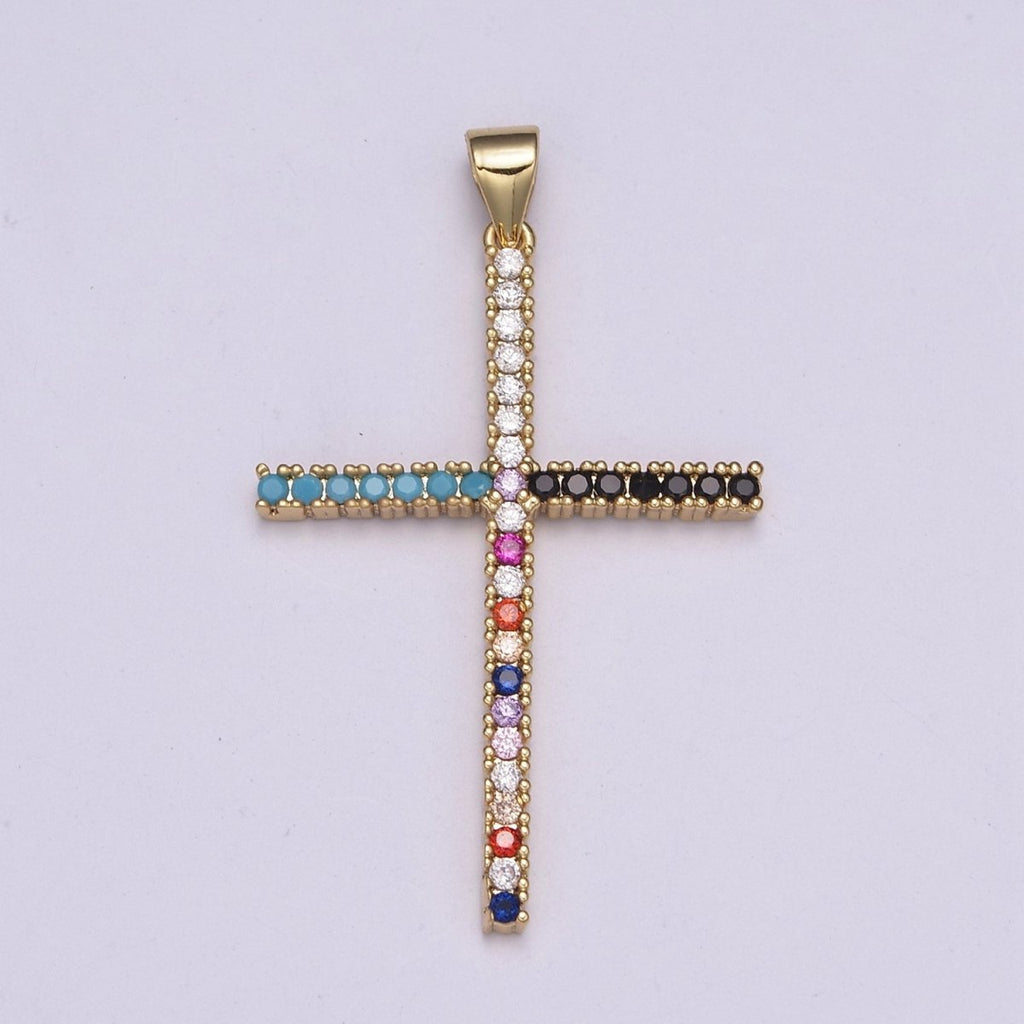 Gold-plated Religious Cross Turquoise Multicolor CZ Micro Paved Pendant in Gold & Silver  N-515 N-516