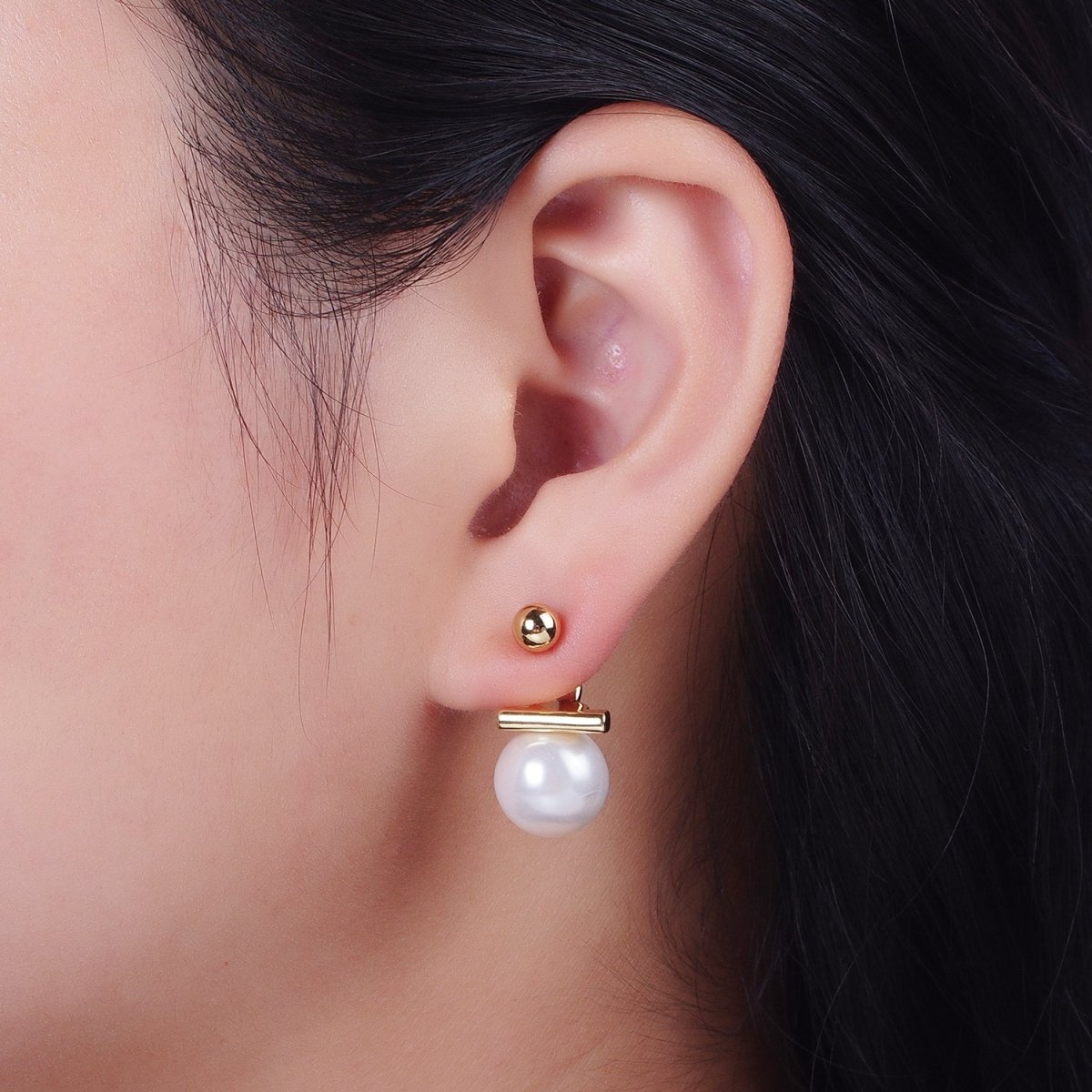 Gold plated Round Shell Pearl Ear Jacket Back Drop Earrings in Gold & Silver | Y-262 Y-263 - DLUXCA