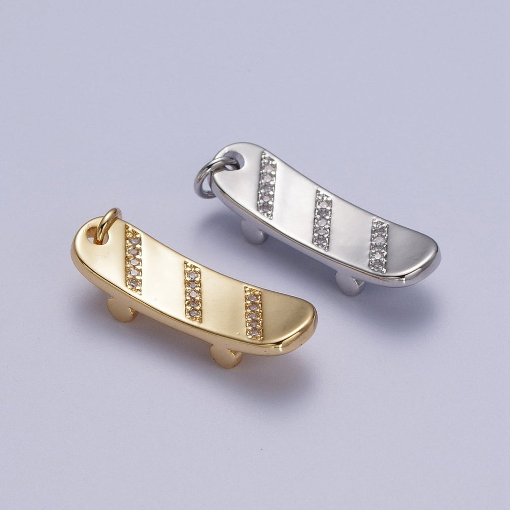 Gold plated Skateboard Triple Micro Paved CZ Charm in Silver & Gold E-515 E-525