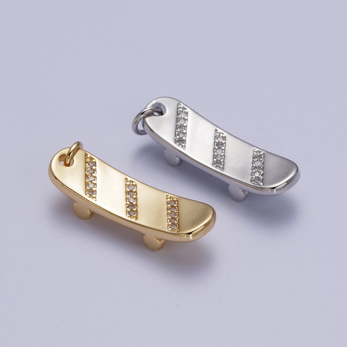 Gold plated Skateboard Triple Micro Paved CZ Charm in Silver & Gold E-515 E-525