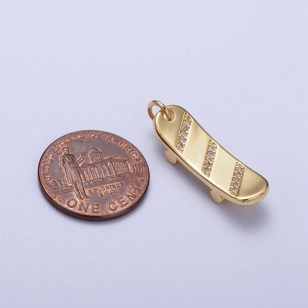 Gold plated Skateboard Triple Micro Paved CZ Charm in Silver & Gold E-515 E-525