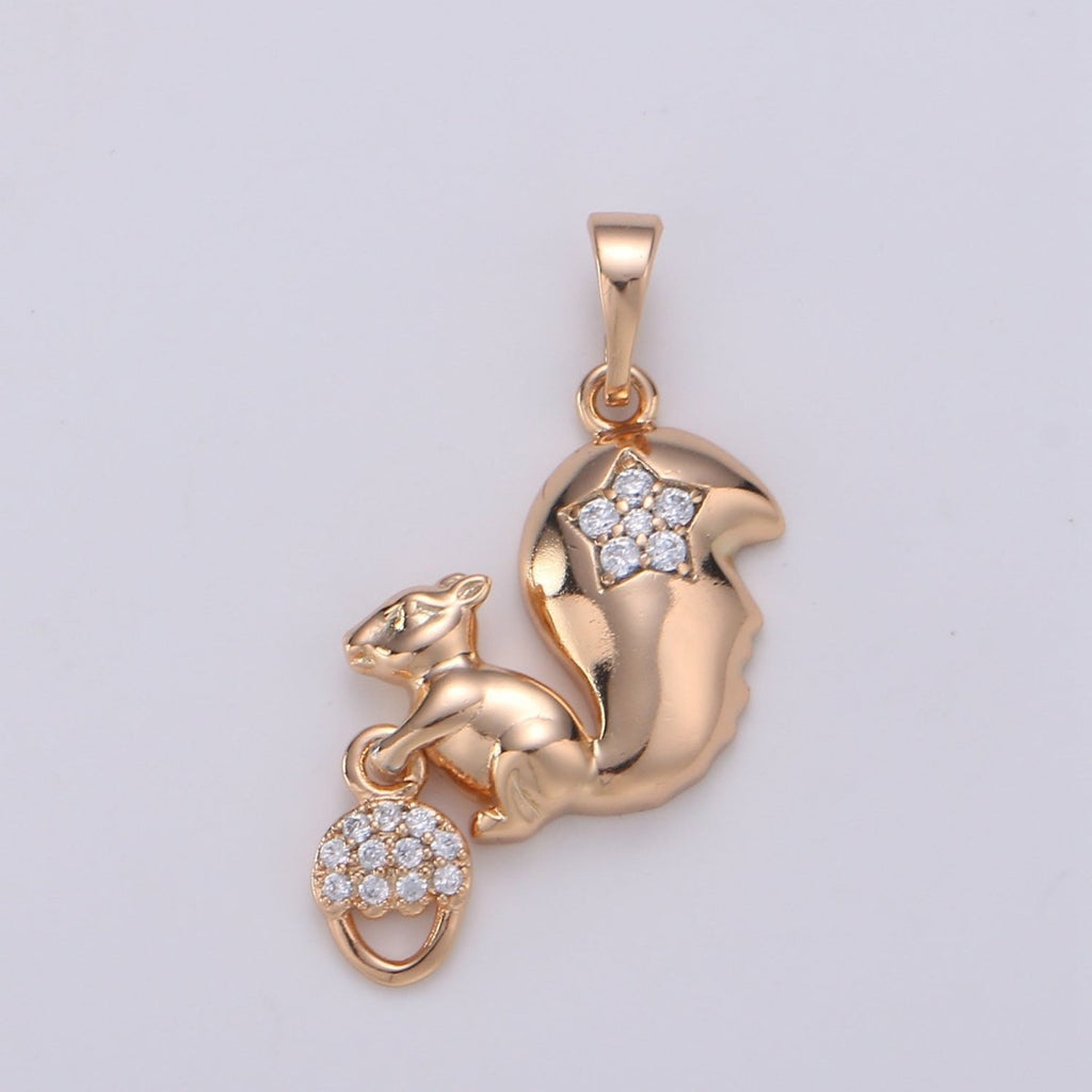 Gold plated Squirrel Charm Acorn Squirrel Cz Cubic Animal Charms for Necklace Jewelry Making Wild Animal Kawaii Cute Animal Pendant J-114 - DLUXCA