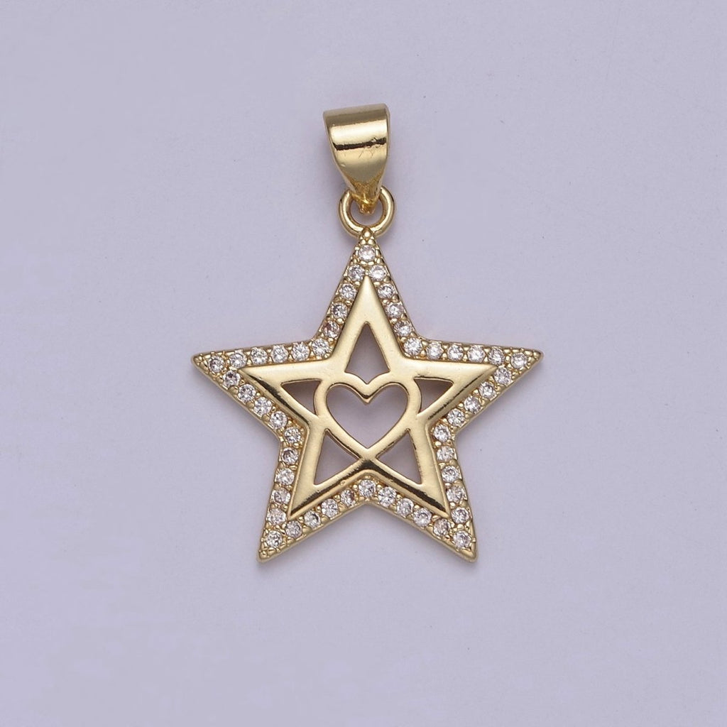 Gold plated Star charm, Gold Heart pendant Celestial Minimalist Jewelry J-410 - DLUXCA