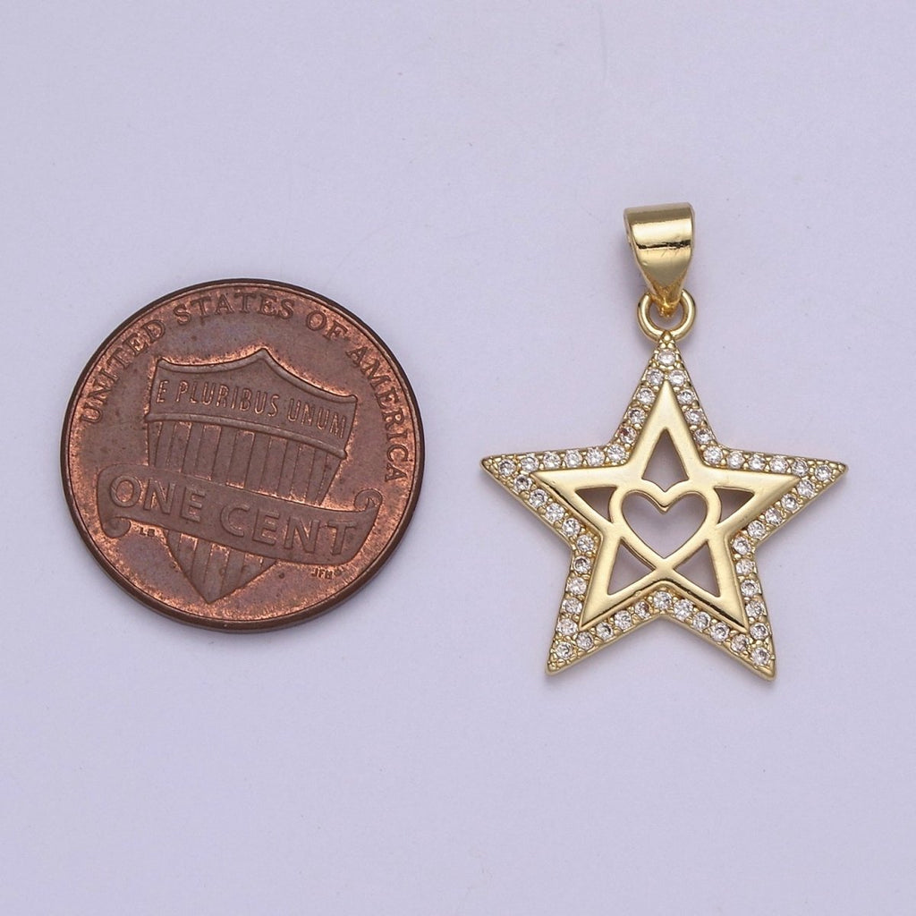 Gold plated Star charm, Gold Heart pendant Celestial Minimalist Jewelry J-410 - DLUXCA