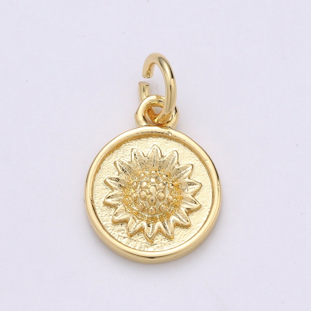 Gold plated Sun Flower Charm, Flower, Floral Bracelet Charm, Coin Disc Charm Necklace Pendant, Findings for Jewelry Making E-067 - DLUXCA