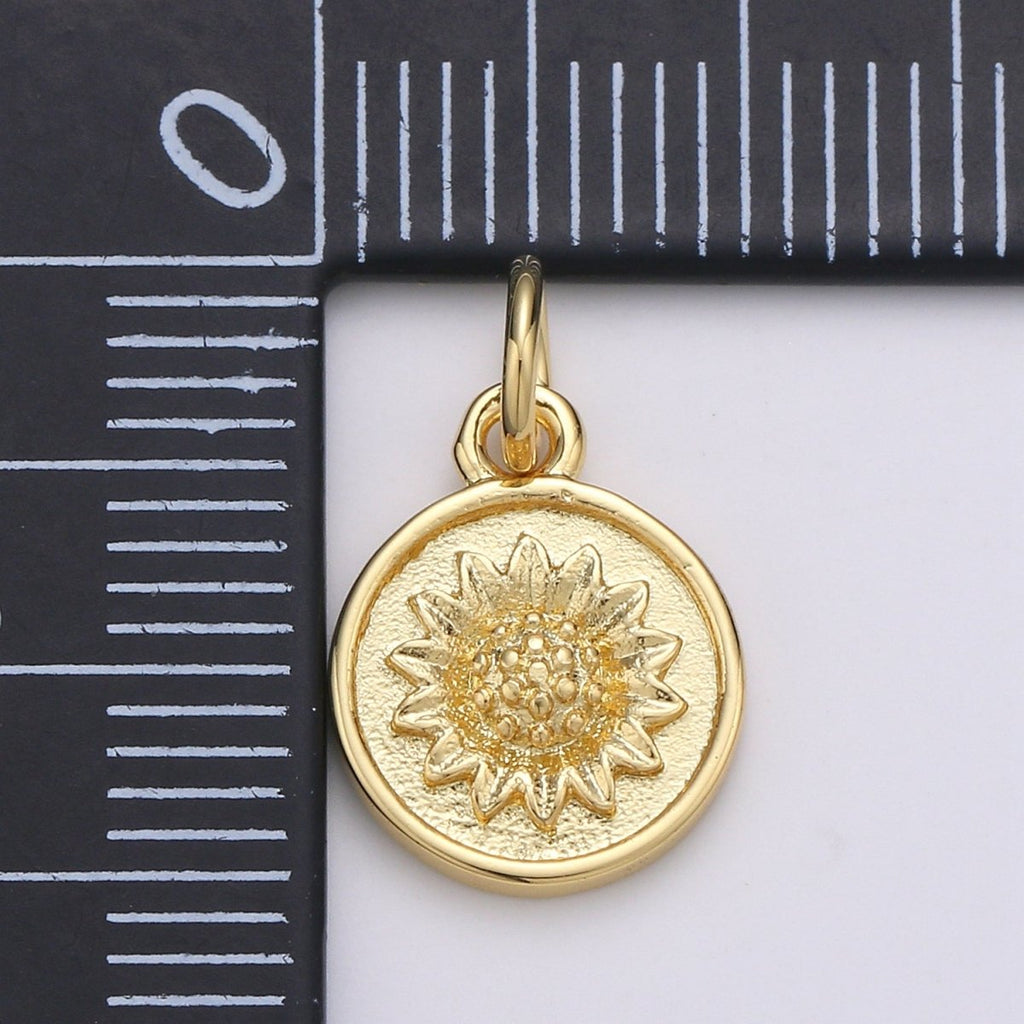 Gold plated Sun Flower Charm, Flower, Floral Bracelet Charm, Coin Disc Charm Necklace Pendant, Findings for Jewelry Making E-067 - DLUXCA