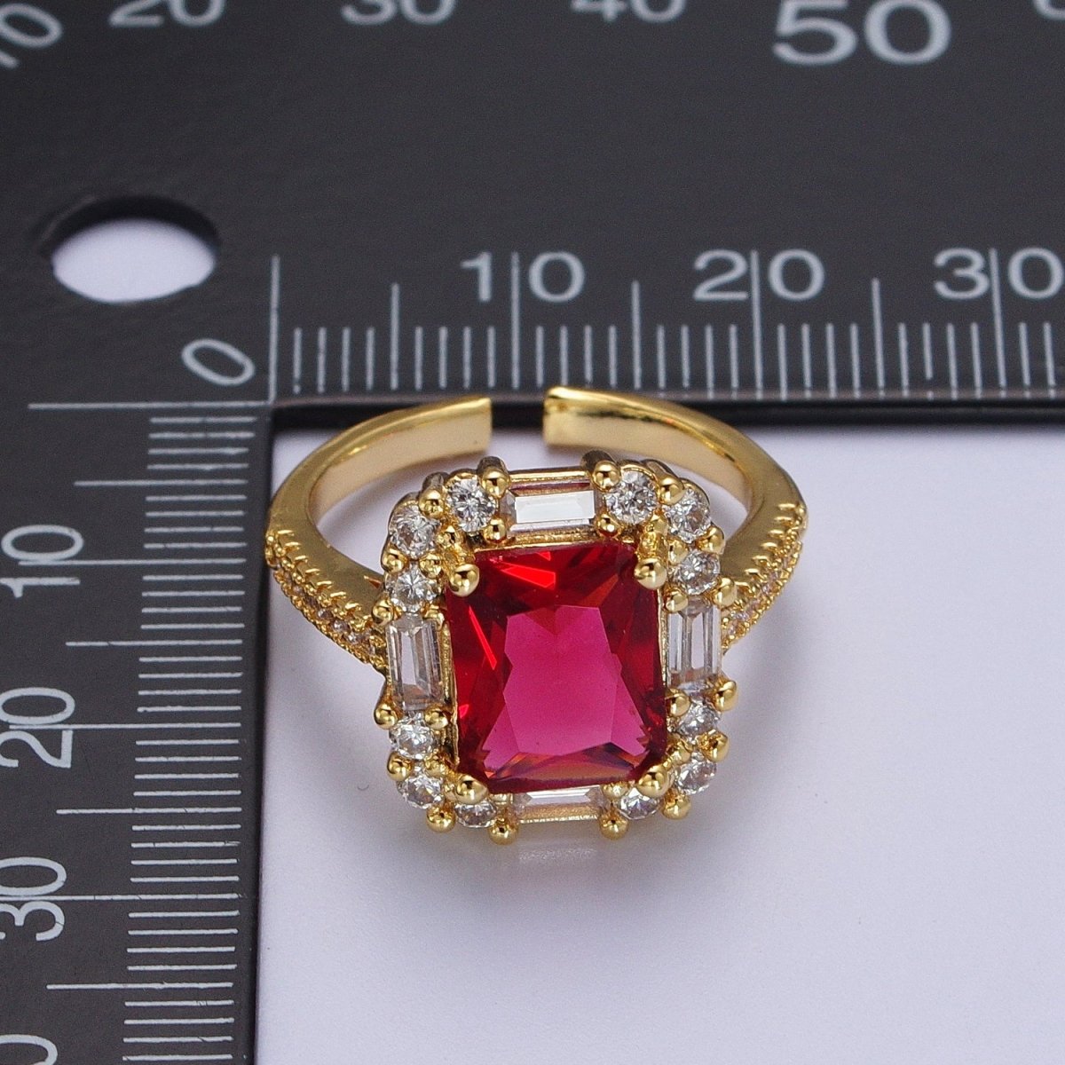 Gold plated Teal, Red, Clear Baguette CZ Solitaire Micro Paved Band Ring | Y-455 Y-456 Y-457 - DLUXCA