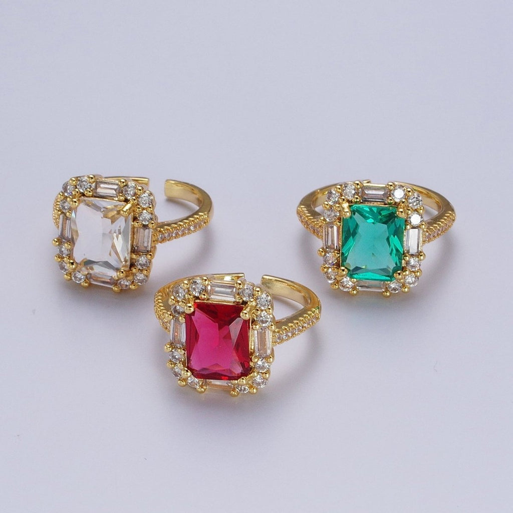 Gold plated Teal, Red, Clear Baguette CZ Solitaire Micro Paved Band Ring | Y-455 Y-456 Y-457 - DLUXCA