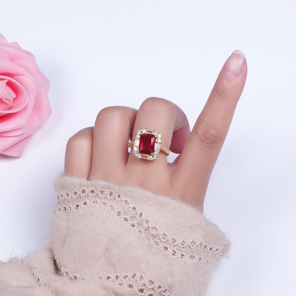 Gold plated Teal, Red, Clear Baguette CZ Solitaire Micro Paved Band Ring | Y-455 Y-456 Y-457 - DLUXCA