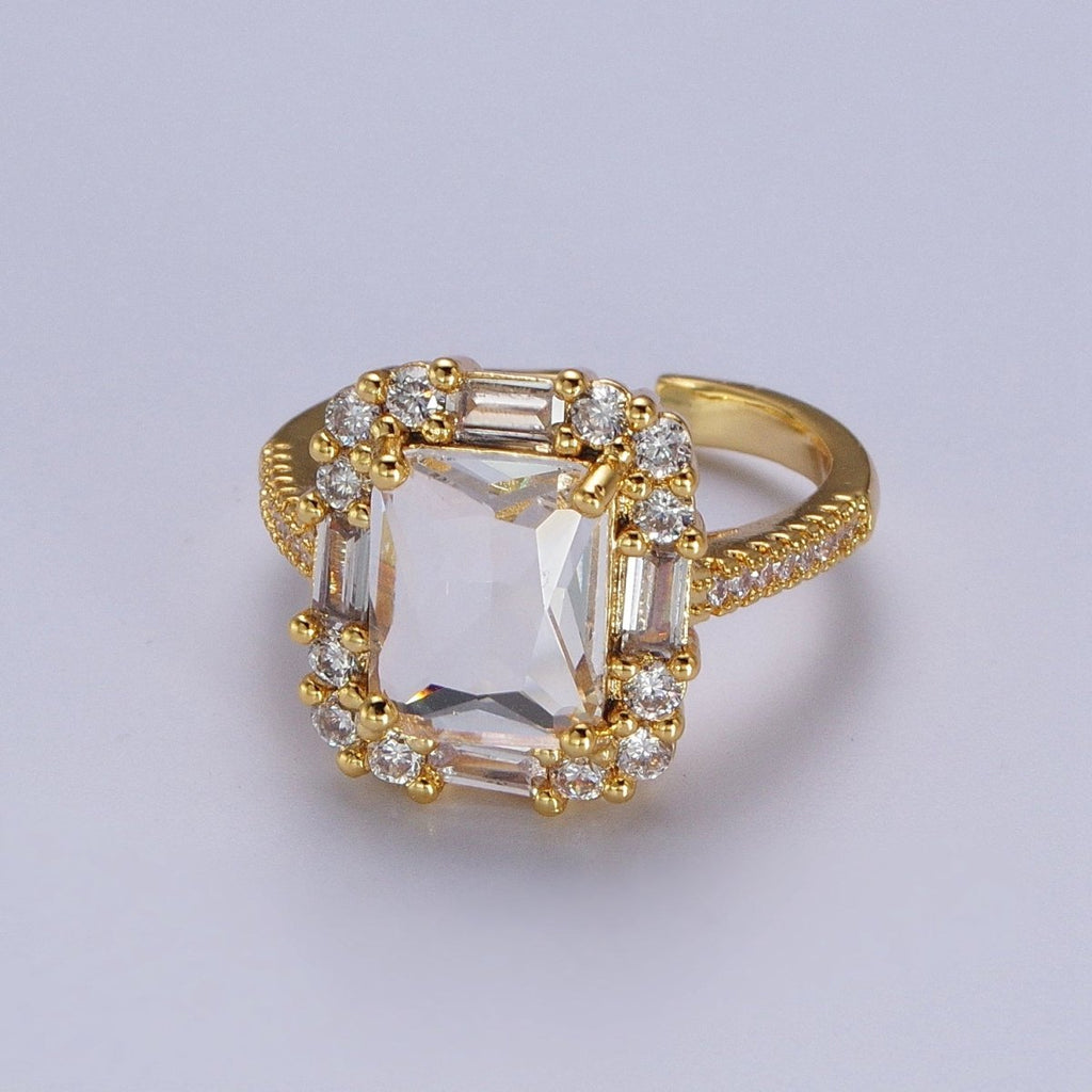 Gold plated Teal, Red, Clear Baguette CZ Solitaire Micro Paved Band Ring | Y-455 Y-456 Y-457 - DLUXCA