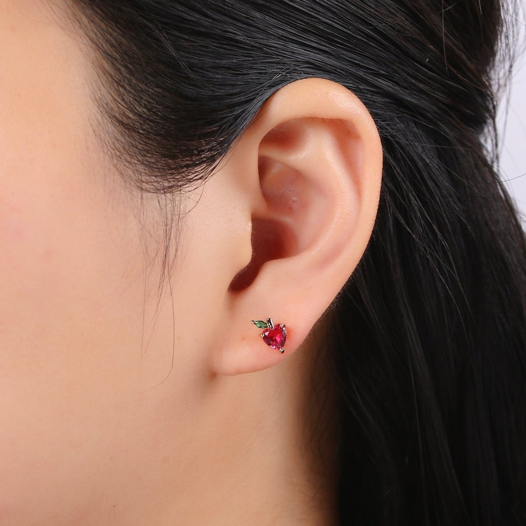 Gold plated Tiny Strawberry Stud Earrings, Colored CZ Crystal Mini Fruity Natural Golden Formal/Casual Daily Wear Earring Jewelry P-015 - DLUXCA
