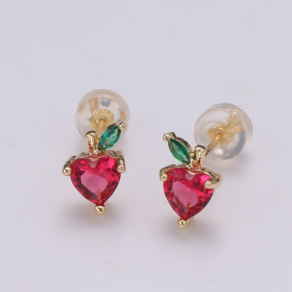 Gold plated Tiny Strawberry Stud Earrings, Colored CZ Crystal Mini Fruity Natural Golden Formal/Casual Daily Wear Earring Jewelry P-015 - DLUXCA