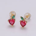 Gold plated Tiny Strawberry Stud Earrings, Colored CZ Crystal Mini Fruity Natural Golden Formal/Casual Daily Wear Earring Jewelry P-015 - DLUXCA