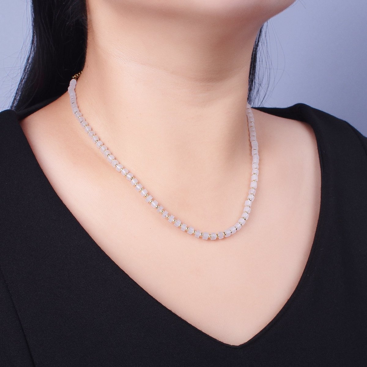 Gold plated White Jade Rondelle Heishi Gemstone Gold Spacer Beads 15.5 Inch Choker Necklace | WA-1431 Clearance Pricing - DLUXCA