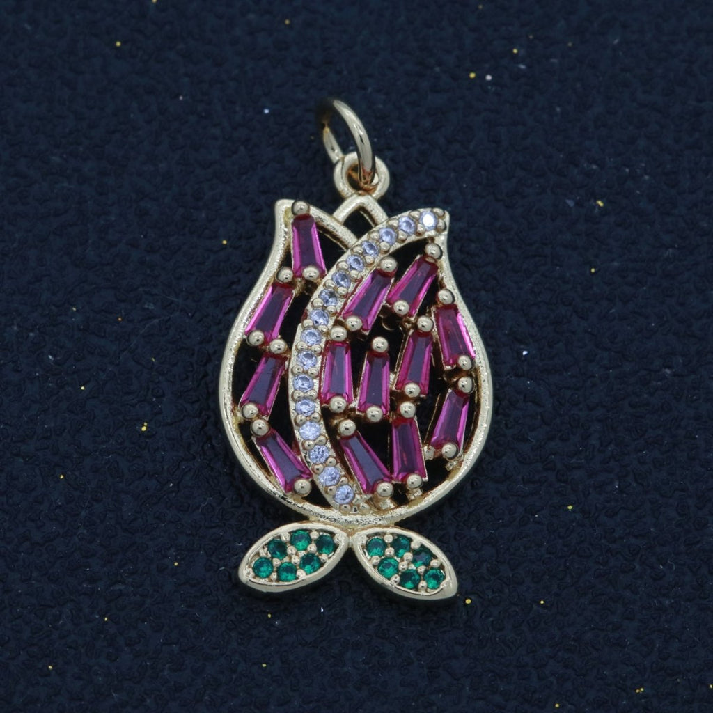 Gold flower Charm - Rose Petal pendant charm on gold plated chain - simple dainty jewelry component M-610 - DLUXCA