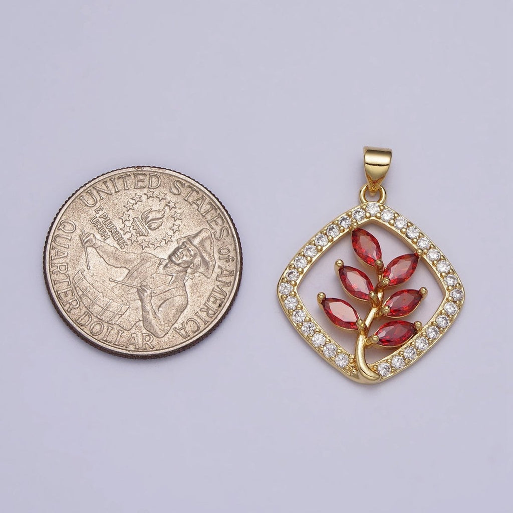 Gold Flower Leaves Plant Red Marquise Open Micro Paved CZ Rhombus Pendant | AA398 - DLUXCA