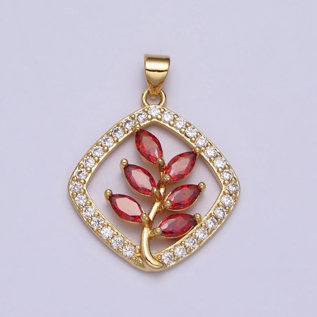 Gold Flower Leaves Plant Red Marquise Open Micro Paved CZ Rhombus Pendant | AA398 - DLUXCA