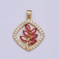 Gold Flower Leaves Plant Red Marquise Open Micro Paved CZ Rhombus Pendant | AA398 - DLUXCA